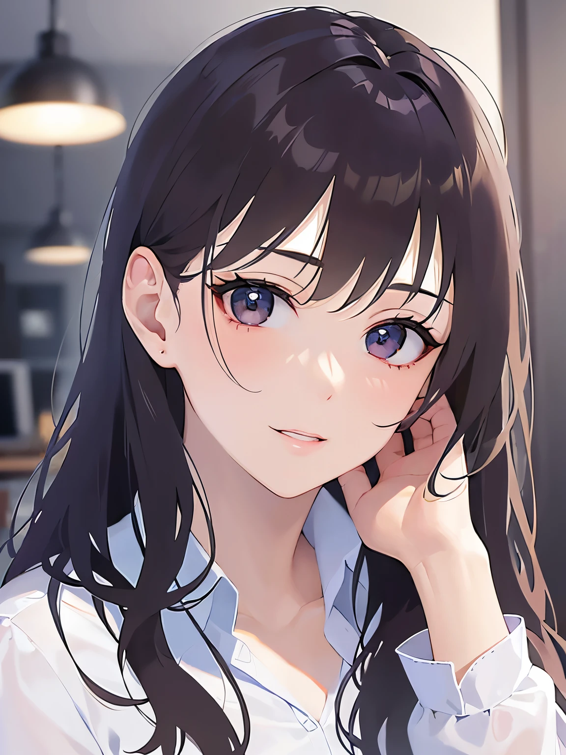 leaning forward、(looking at viewer:1.5),Upper Body, Shooting from above、Hands on the face、
Realistic, real person, (pale skin: 1.2), RAW photo, photorealistic, shiny skin, shiny hair、
(A 2 woman with medium-length hair and bangs) and (wavy hair) and (brown hair) and (orange eyes) ,
(white collared shirts)
smile,
office、(alone:1.5)