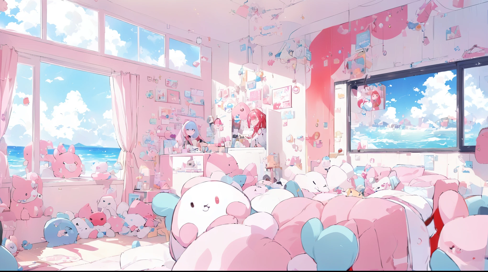 “A vibrant, anime-style VTuber with long, bright red twin-tail hair and blue eyes, wearing glasses and a white blouse with black ribbon details. She is standing in a cute, pastel pink bedroom with plush toys, cloud-shaped decorations on the wall, and a sea view visible through large windows. The room is bathed in soft natural light, creating a cozy and inviting atmosphere. A live chat window is visible on the right side of the image, with cheerful messages from fans. A digital clock is displayed at the top, showing ‘08:08:53.’”