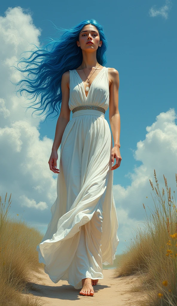A solitary figure embodying the Zodiac sign Aquarius, her determination evident as she walks alone on a path. The woman is characterized by her independence, orignial and unique presence, exuding an aura of power and wisdom. This image, whether a painting or photograph, captures her essence flawlessly. Every detail is meticulously rendered, from the graceful blue hair in the wind and freedom. The colors are rich and vibrant, drawing the viewer in to marvel at the depth of emotion conveyed in this stunning portrayal.