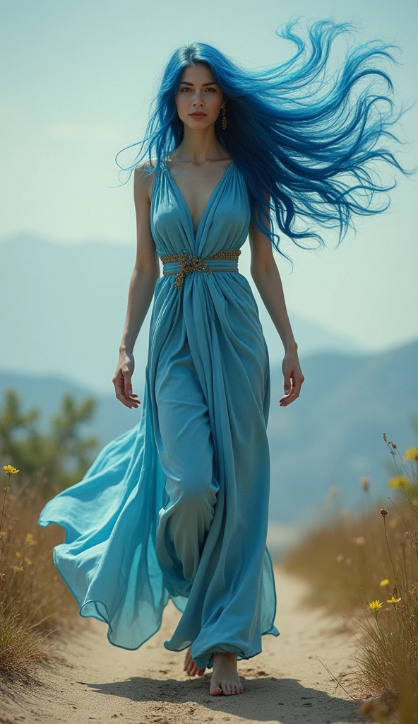 A solitary figure embodying the Zodiac sign Aquarius, her determination evident as she walks alone on a path. The woman is characterized by her independence, orignial and unique presence, exuding an aura of power and wisdom. This image, whether a painting or photograph, captures her essence flawlessly. Every detail is meticulously rendered, from the graceful blue hair in the wind and freedom. The colors are rich and vibrant, drawing the viewer in to marvel at the depth of emotion conveyed in this stunning portrayal.