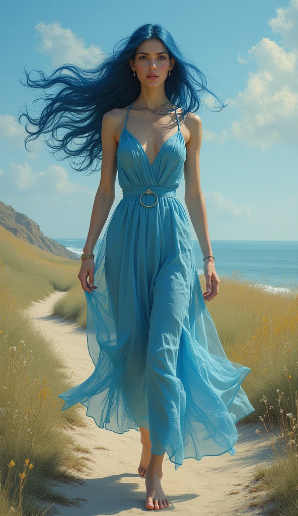 A solitary figure embodying the Zodiac sign Aquarius, her determination evident as she walks alone on a path. The woman is characterized by her independence, orignial and unique presence, exuding an aura of power and wisdom. This image, whether a painting or photograph, captures her essence flawlessly. Every detail is meticulously rendered, from the graceful blue hair in the wind and freedom. The colors are rich and vibrant, drawing the viewer in to marvel at the depth of emotion conveyed in this stunning portrayal.
