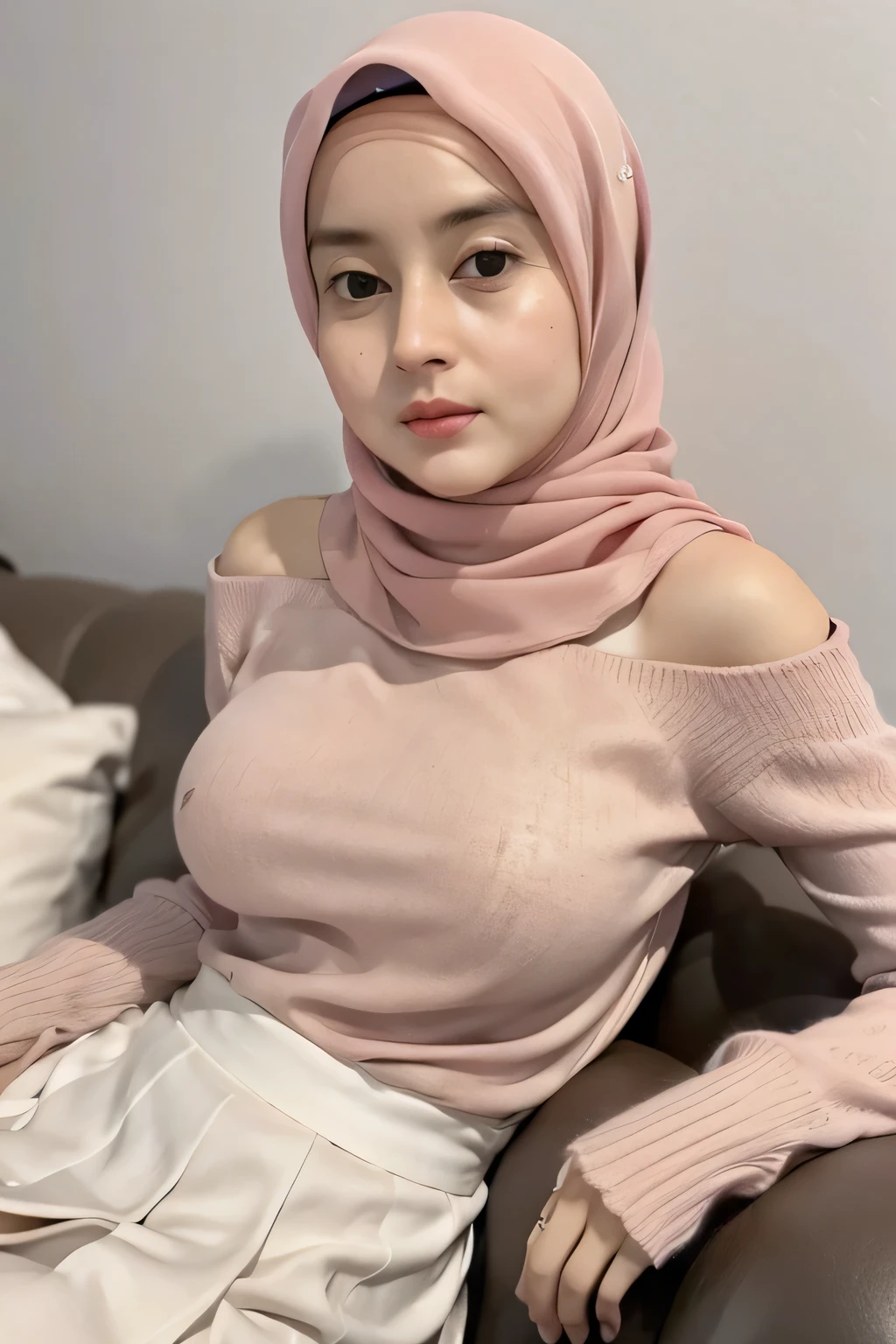 (4k, very realistic, soft light, muted colour), 2 girl, wearing a pink hijab, wearing beige sweater, lower off shoulder sweater, wearing long necklace, (wearing white pleated skirt), sweater follow the shape of body, leaning on sofa, hands on hips, cleavage, (white background), slim body, huge , (huge breast 1.6), kawaii, shot from above