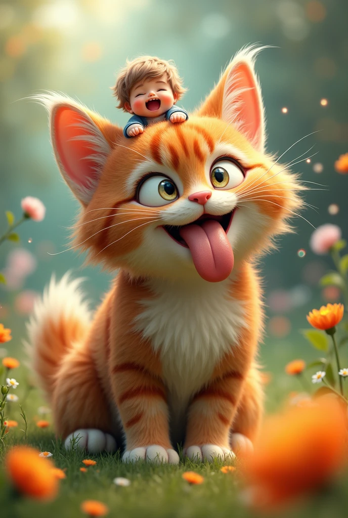 A furry teenager cat with a kid sitting on the top of his tongue and having a lot of fun