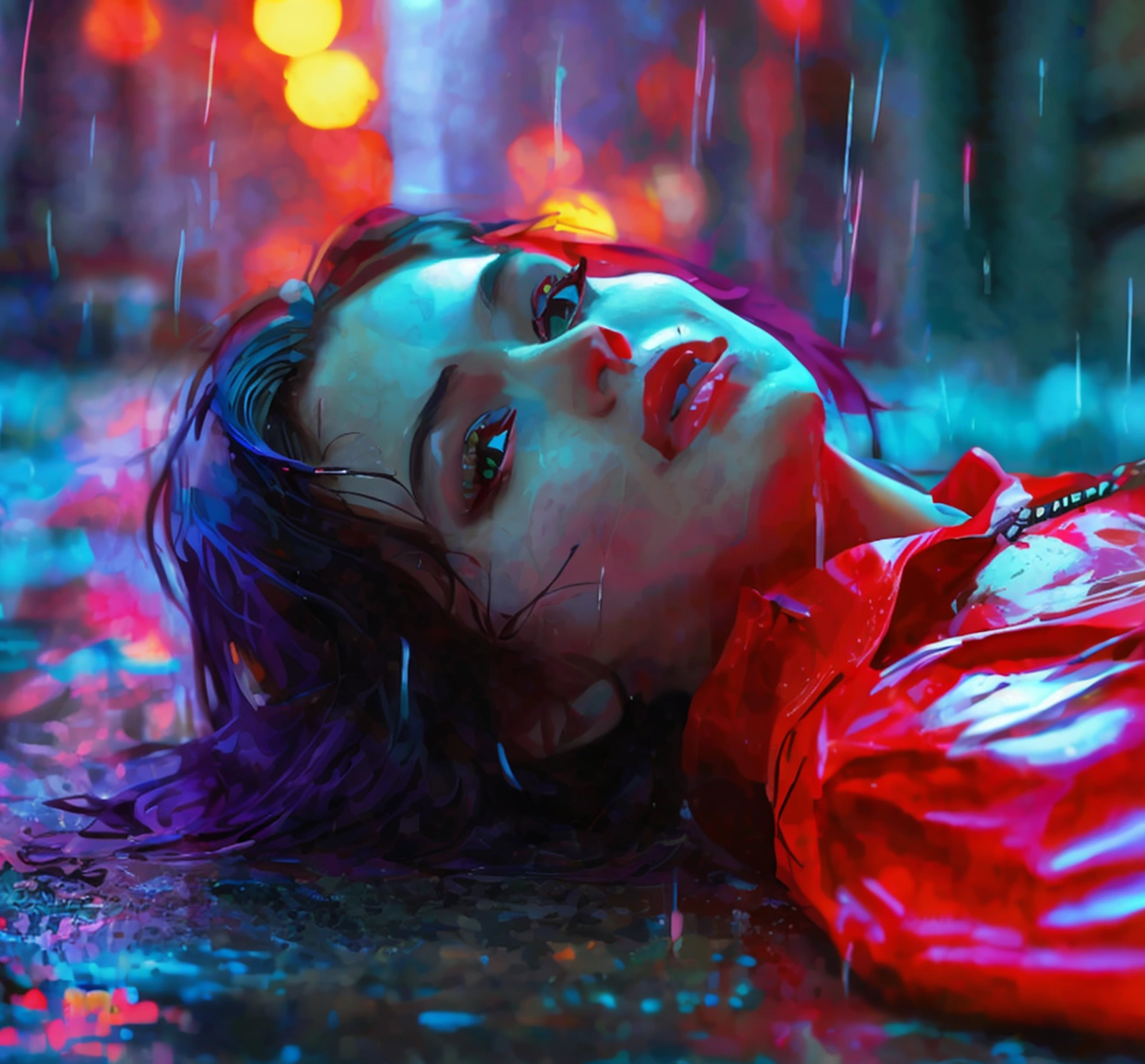 A naked girl with purple eyes in red torn suit and wet body and laying down in cyberpunk city and rainy weather and watching me with smile