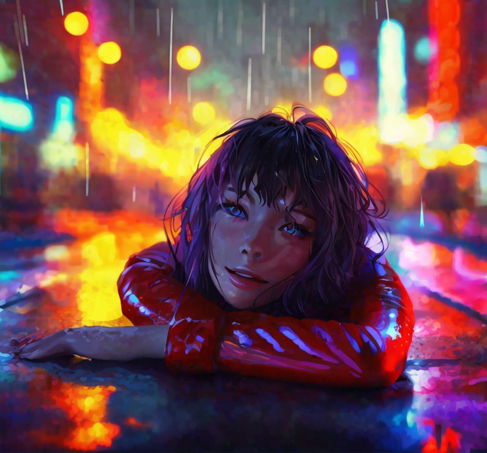 A naked girl with purple eyes in red torn suit and wet body and laying down in cyberpunk city and rainy weather and watching me with smile