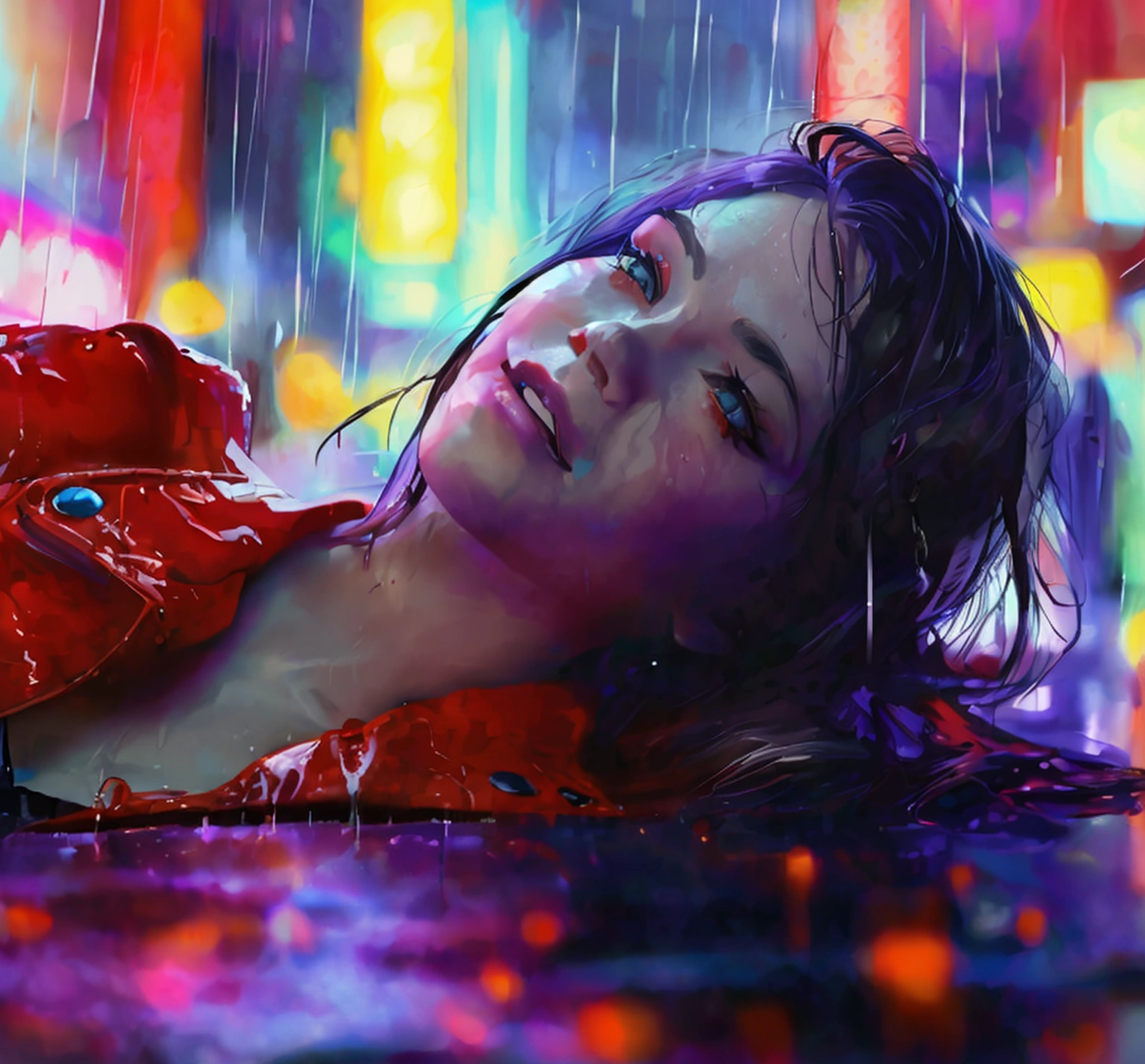 A naked girl with purple eyes in red torn suit and wet body and laying down in cyberpunk city and rainy weather and watching me with smile