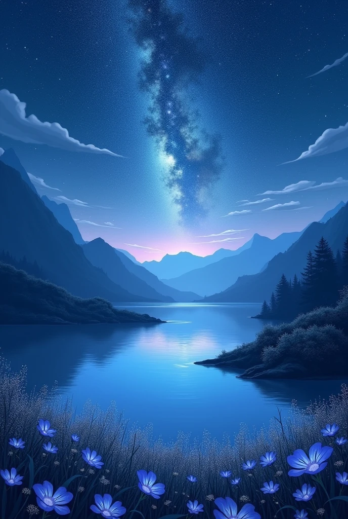 "Blue starry sky at night。At the top of the screen is a sky full of stars々Shines、The Milky Way is especially clearly visible in the center.。Distant Mountain々The silhouette of emerges in a dim blue color.、In front of it lies a quiet lake.。Mountains on the surface of the lake々And the starry sky is reflected、Creates a fantastic atmosphere。Blue flowers in the foreground々Blooming all over the place、Illuminated by soft light, it shines fantastically.。Beautiful natural scenery with a mysterious atmosphere and the silence of the night。"