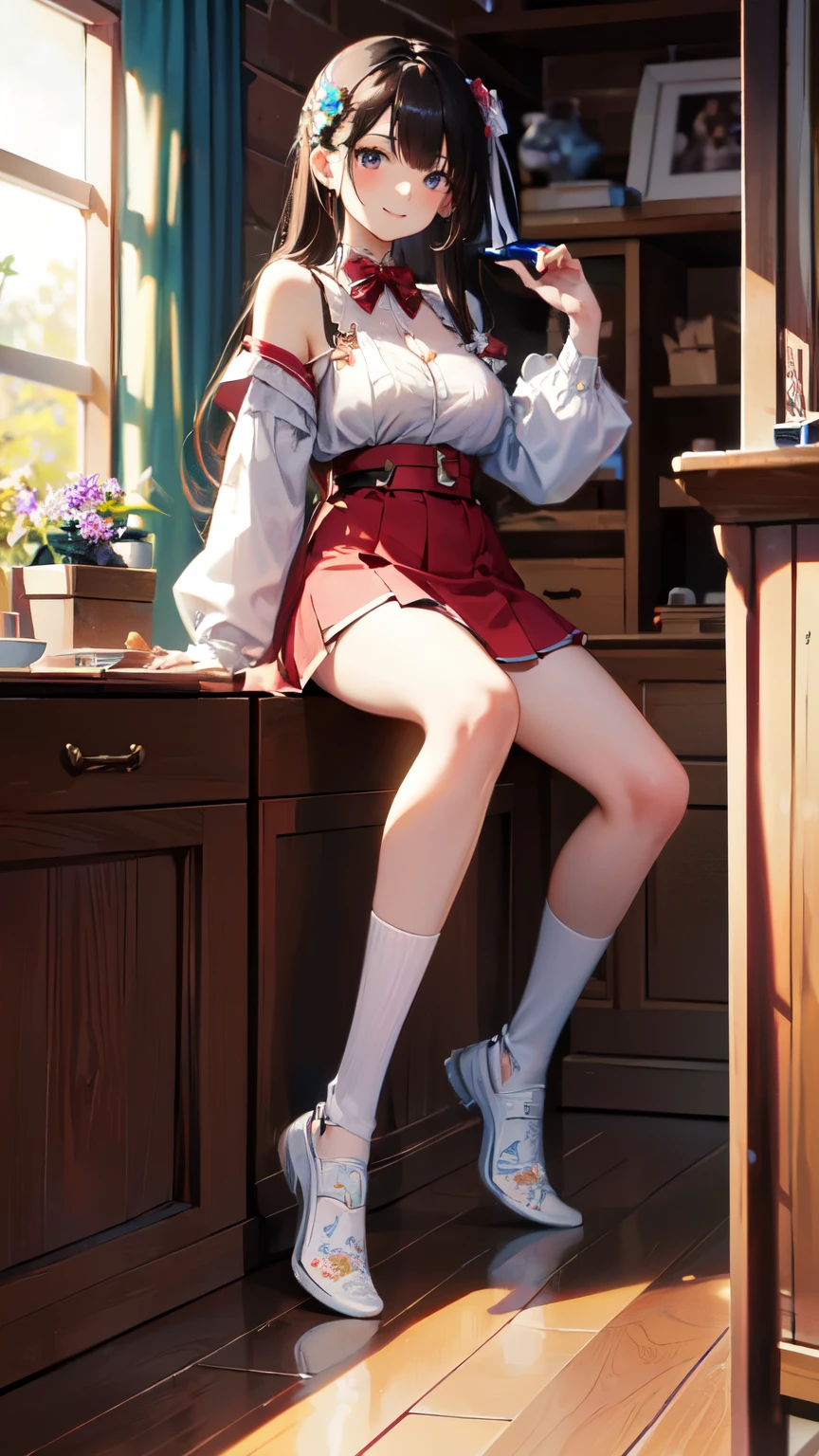 ((high resolution)),((masterpiece:1.5)), ((Highest quality:1.5)), ((Super detailed:1.5)),One Girl,Girl is ,cute,((A gentle smile:1.4)), Thighs, beautiful girl, ((Young face:1.0)),((Young body type:1.0)),Flowers, たくさんの小さなflowerびら, flower、Narrow waist, RAWphotograph,Bright lighting、Face Light, Ultra-realistic, High resolution, photograph, Sharp focus, Highly detailed eyes and face,Symmetrical face,Beautiful detailed eyes,Beautiful flowing hair,whole body、(Large Breasts)、Long Hair,((Spread your legs:1.5)),A glimpse of her panties、((Emphasized cleavage)),((Alluring cleavage)),Red mini skirt、White knee socks、White lace shirt,Big red ribbon、White sneakers、Red School Bag、Shooting from below