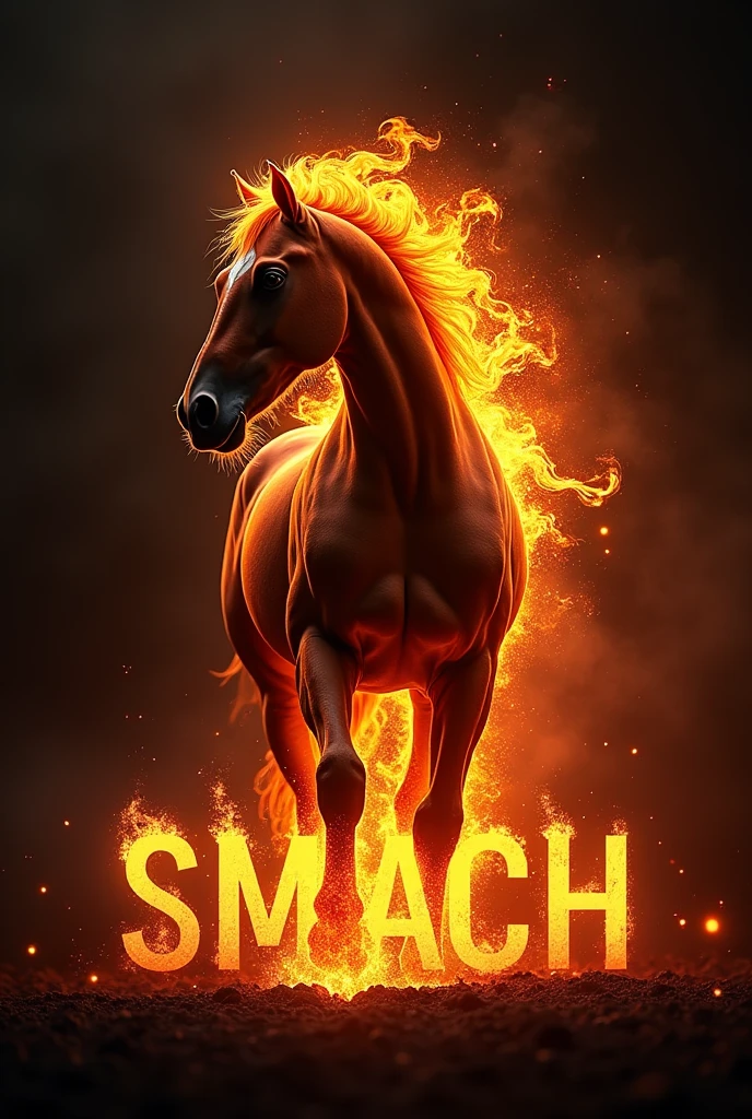 horse on fire with black background that says smach 