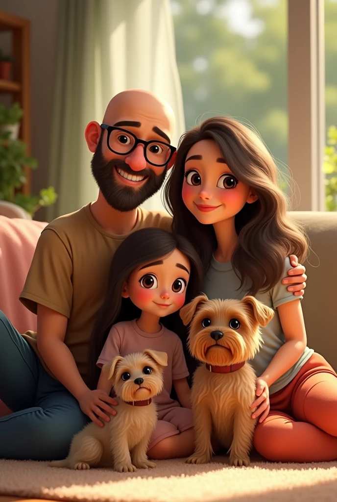 Pixar-like image of a family with 1 bald dad, with black-framed glasses and a beard, 1 mom with brown hair and 2 daughters, One of them was about  and the other was 1., both with long black hair. Include 2 female Yorkshire puppies