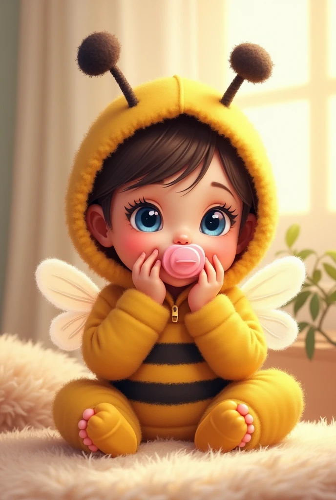 Little baby girl dressed as a bee sitting with a pink pacifier, blue eyes, dark brown hair , cute cartoon