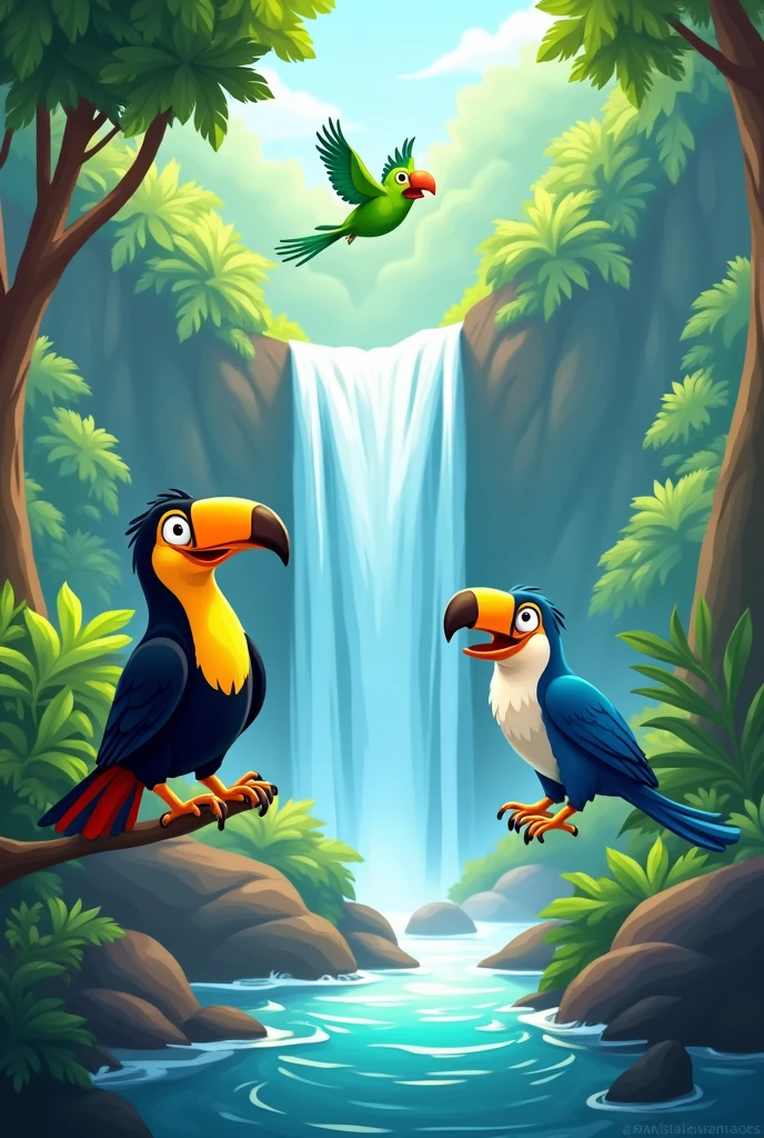 cartoon with troupial bird and barranquero bird, green parrot and waterfall