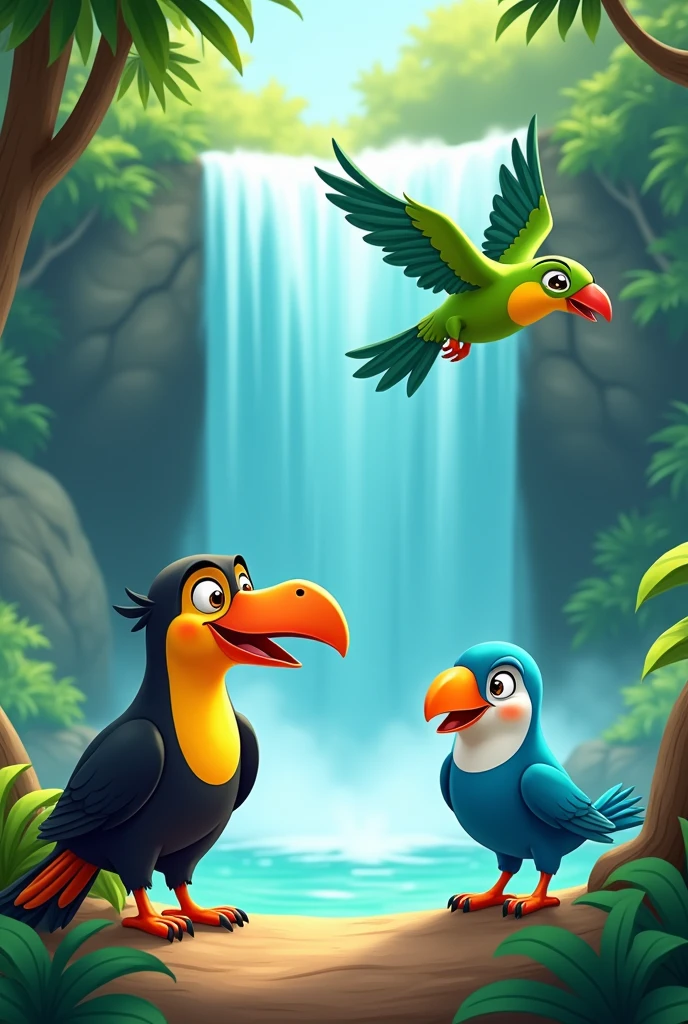 cartoon with troupial bird and barranquero bird, green parrot and waterfall