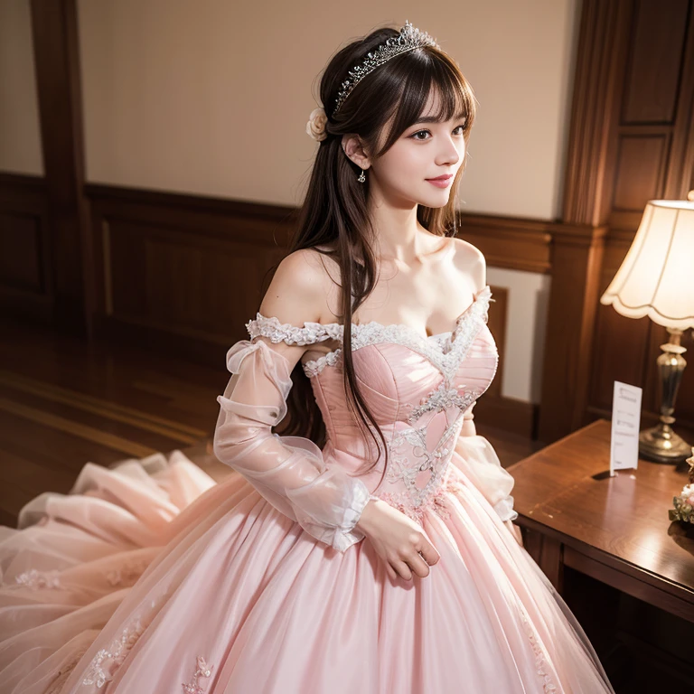 laughing out loud,(knee shot), 1 girl, light brown hair, blunt bangs, hair behind ears, Hair over the shoulders, long hair, Slender body type, Super thin face, face slimming, delicate lips, beautiful eyes, Thin blush, Eyes are light brown,Check it out here, (realistic:1.3), 8k, , Super detailed, high quality, best quality, High resolution,Wear pink wedding dress,Wear a big dress,wear princess dress,Wear a wedding dress,fairy princess dress,in the castle,Wedding ceremony,gauze dress,Wedding dress,Large gauze skirt禮服,tutu dress,Large skirt,Big hem,Large gauze skirt