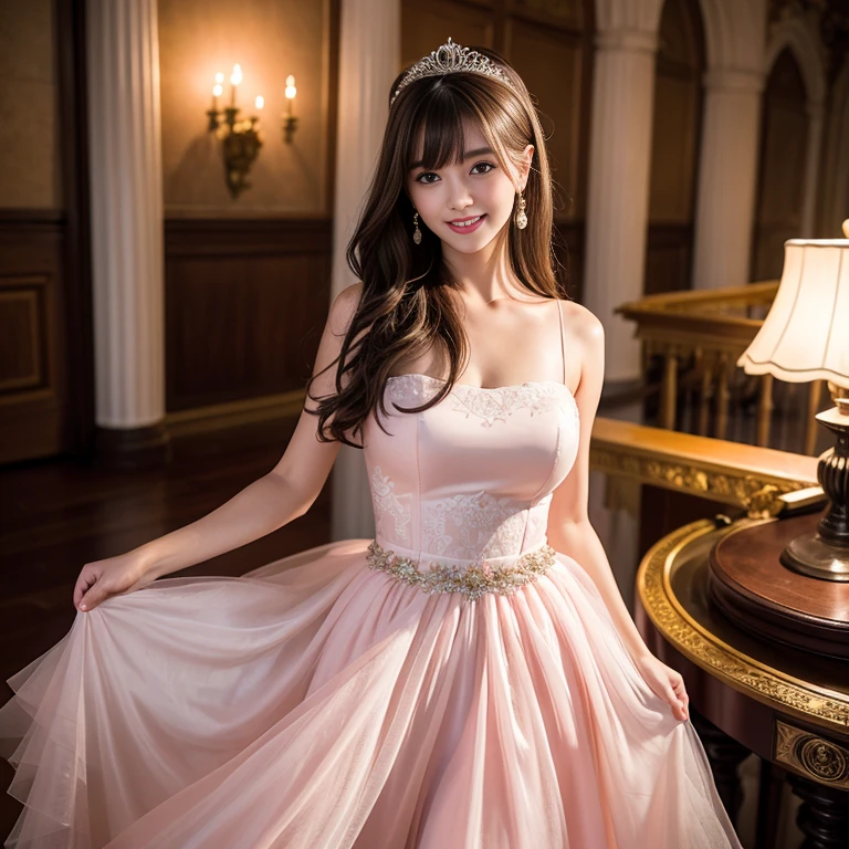 laughing out loud，(knee shot), 1 girl, light brown hair, blunt bangs, hair behind ears, Hair over the shoulders, long hair, Slender body type, Super thin face, face slimming, delicate lips, beautiful eyes, Thin blush, Eyes are light brown,Check it out here, (realistic:1.3), 8k, , Super detailed, high quality, best quality, High resolution，Wear pink wedding dress，Wear a big dress，wear princess dress，Wear a wedding dress，fairy princess dress，in the castle，Wedding ceremony