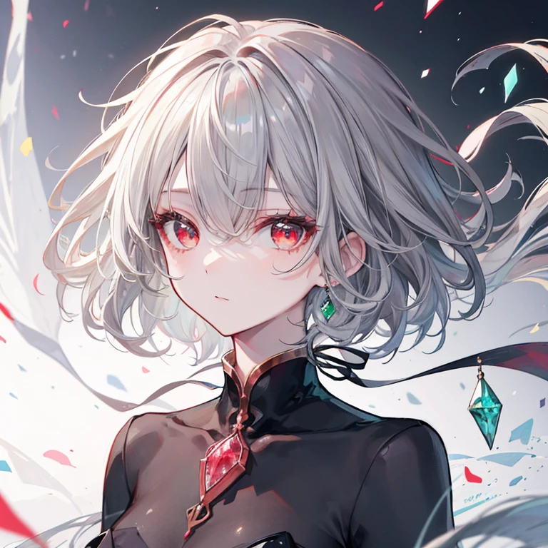 One girl, Afro, Skin of color, diamond (gemstone), Floating Hair, 額のgem, gem, Green Eyes, Long Hair, Portraiture, Red eyes, short hair, alone, Shine, Upper Body, Gray Hair