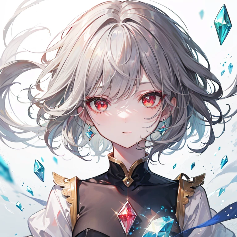 One girl, Afro, Skin of color, diamond (gemstone), Floating Hair, 額のgem, gem, Green Eyes, Long Hair, Portraiture, Red eyes, short hair, alone, Shine, Upper Body, Gray Hair