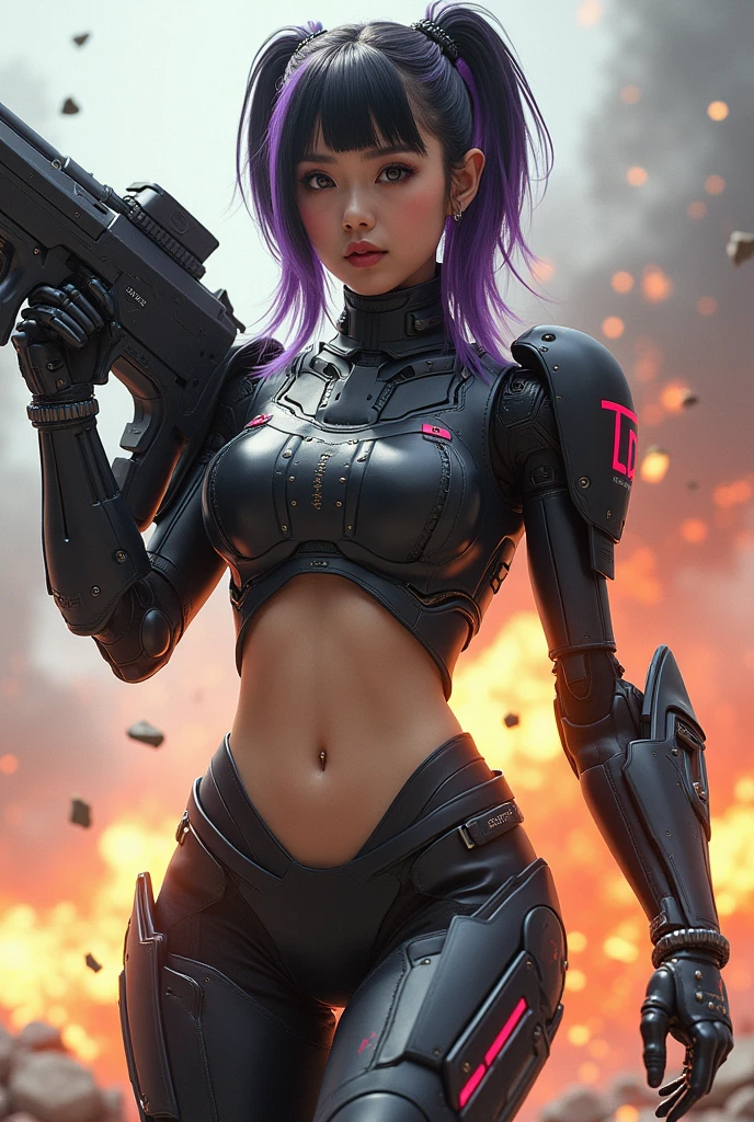 create ultra high resolution photos in realistic style Transformation of a beautiful girl from South Korea,clean and white face, black purple hair K-Pop style,He wears a robot suit and Titan Shell robot shoes with text written on them. "LD"small neon logo, The artistic and unique futuristic red carbon highlights the technological elements that blend into its body.. Express confidence and enthusiasm,Sharp eye gaze,he was holding a big gun,his weapon is the size of a car, explosion background, api, fire, realistic