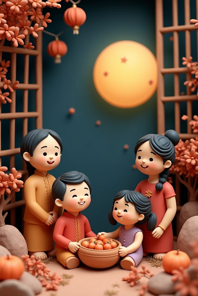 Miniature landscape, clay material, The family is getting together,the background is the Chinese Mid-Autumn Festival reunion atmosphere, the round moon in the sky outside the window, the night view,minimalism, poster art