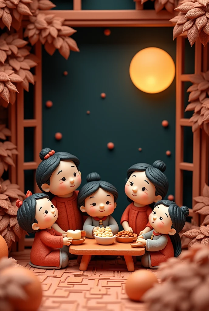 Miniature landscape, clay material, The family is getting together,the background is the Chinese Mid-Autumn Festival reunion atmosphere, the round moon in the sky outside the window, the night view,minimalism, poster art