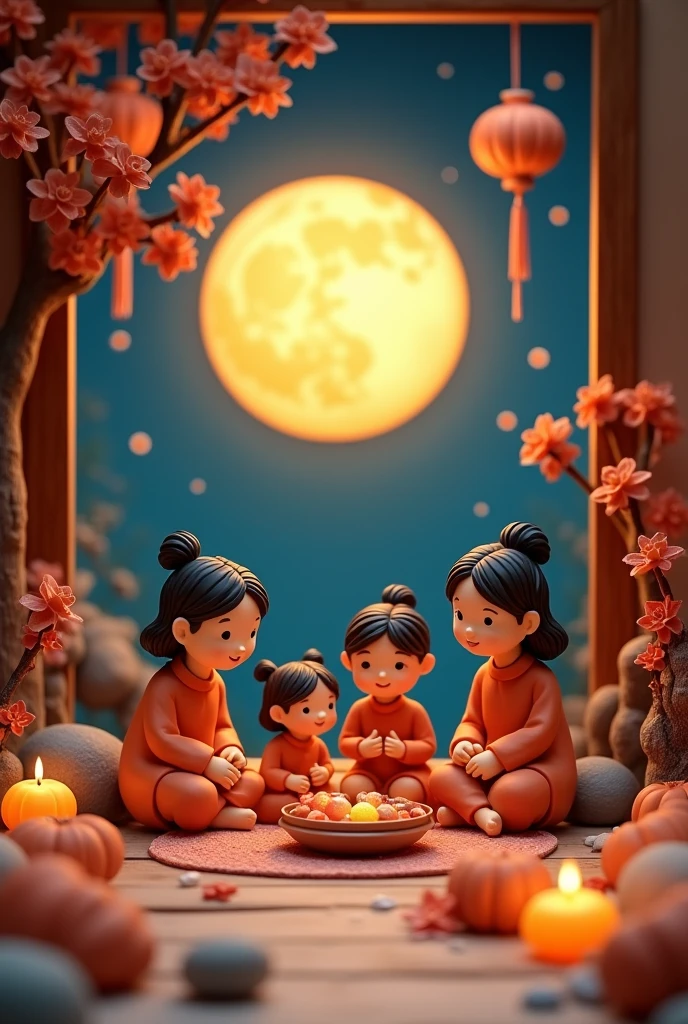 Miniature landscape, clay material, The family is getting together,the background is the Chinese Mid-Autumn Festival reunion atmosphere, the round moon in the sky outside the window, the night view,minimalism, poster art