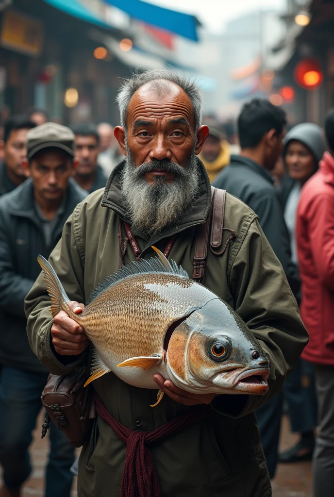 Photography of a male fisherman with an Asian face,surrounded by many people, holding a goat-headed snapper.((reminds of a goat-headed snapper.)).48KHD resolution,realistic,hyperrealistic,naturalistic,intricate details like real.