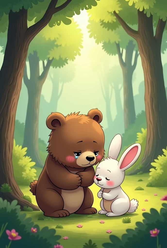 Create a cartoon of a brown bear in a forest crying and a white rabbit