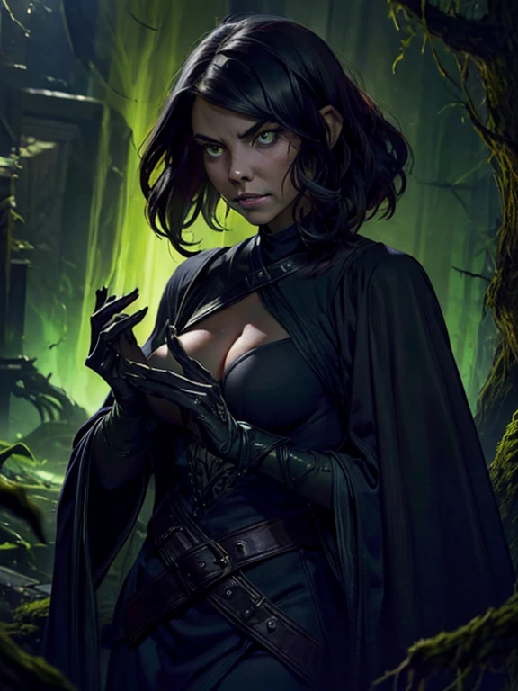 Lauren Cohan, a 200-year-old witch with long black hair,a powerful villain,magic flowing from her hands,dark mysterious aura,eerie green glowing eyes,tattered black robe,skeletal fingers,gnarled hands,haunting atmosphere,dramatic lighting,cinematic composition,dark fantasy,supernatural,highly detailed,photorealistic, big breasts, sagging breasts, "looking at the viewer"