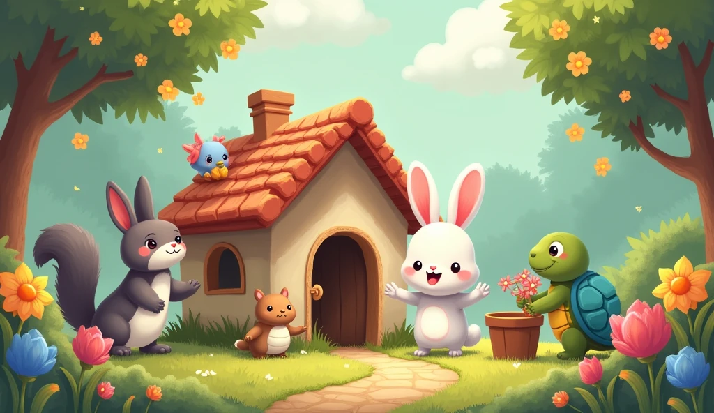 A cute Rabbit(uniform white with slightly gray on the upper body) is standing in front of his small house surrounded by blooming flowers in a forest, with his friends – the squirrel(uniform brownish gray in color with a slightly darker tail and a white chest), bird(whitish blue bird with red beak), and turtle(green turtle with blue shell)– helping him to decorate the rabit's house with flowers.