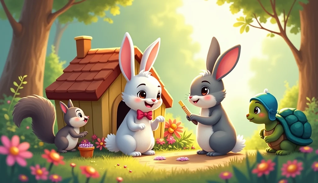 A cute Rabbit(uniform white with slightly gray on the upper body) is standing in front of his small house surrounded by blooming flowers in a forest, with his friends – the squirrel(uniform brownish gray in color with a slightly darker tail and a white chest), bird(whitish blue bird with red beak), and turtle(green turtle with blue shell)– helping him to decorate the rabit's house with flowers.