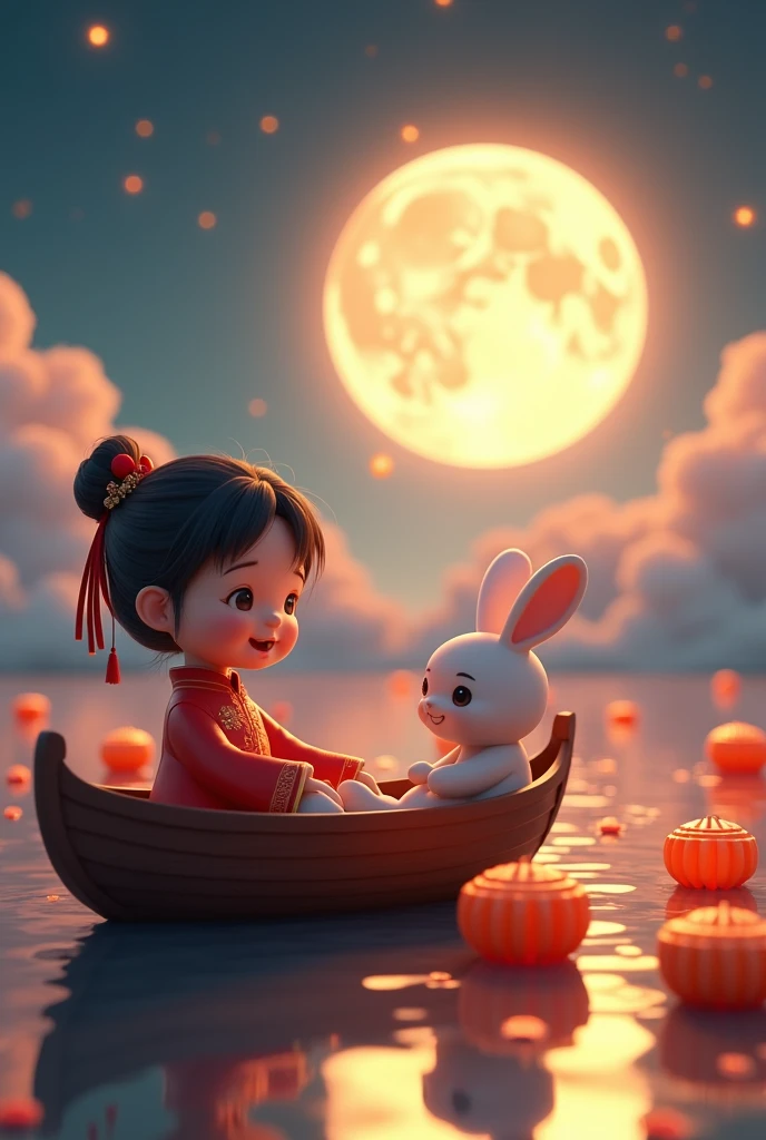 3D rendering poster, in front of a huge moon, beautiful night, warm lights, a cute and happy girl wearing traditional Chinese clothing, a rabbit, sitting on a boat, looking at the moon in the distance, mooncakes, auspicious clouds, bright colors, warm colors, surrealism, Pixar style, Disney style, clear contour light, increasing overall visual effect - ar 59:128, edge light, fantasy, outdoor cold and warm contrasting colors, spotlight, 8k ar, c4d, OC rendering, blender,