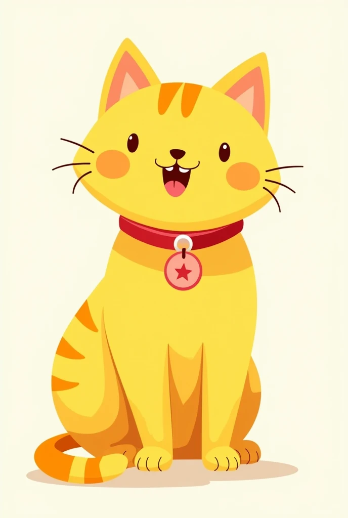 Drawing of a yellow cat,with red collar and a pink star logo