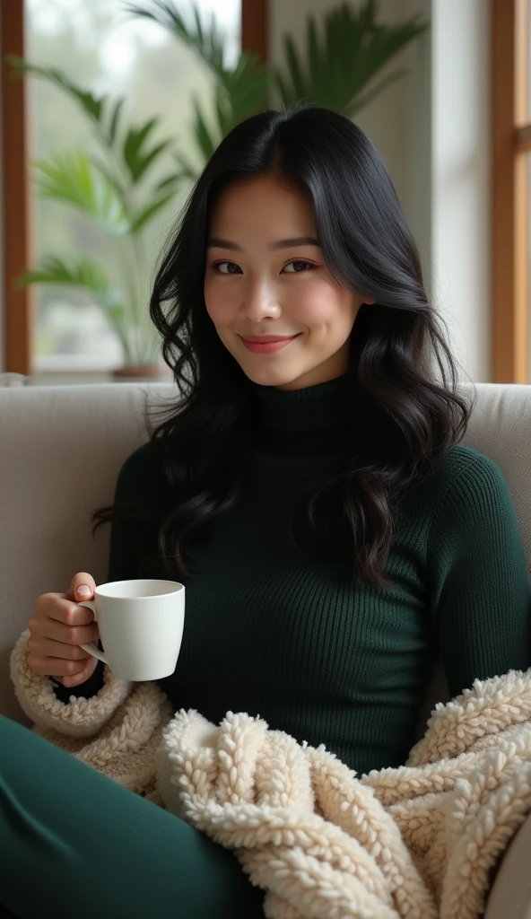 Against the backdrop of a cozy, modern living room, a beautiful woman with long, glossy black hair sits on a plush, gray sofa. She wears a snug, dark green sweater and wraps herself in a fluffy, cream-colored throw blanket. As she sips her coffee, her deep, thoughtful gaze and soft smile are highlighted by the gentle, natural light coming through the large window