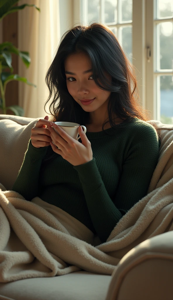 Against the backdrop of a cozy, modern living room, a beautiful woman with long, glossy black hair sits on a plush, gray sofa. She wears a snug, dark green sweater and wraps herself in a fluffy, cream-colored throw blanket. As she sips her coffee, her deep, thoughtful gaze and soft smile are highlighted by the gentle, natural light coming through the large window