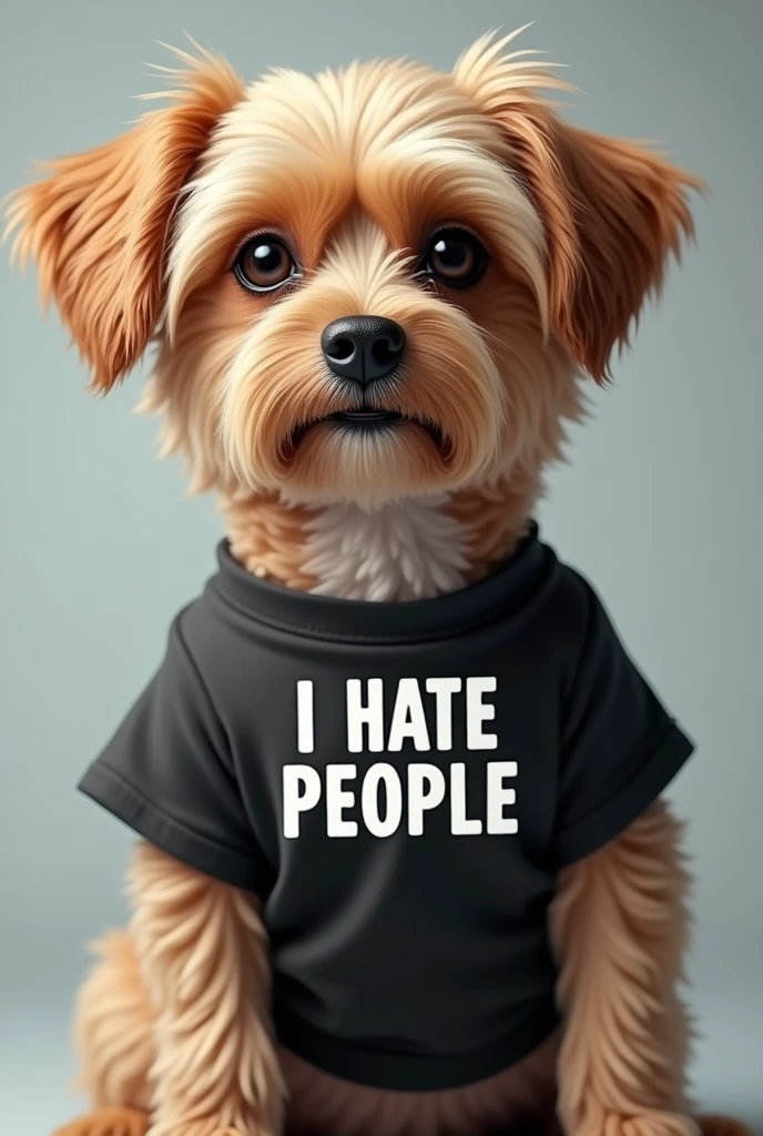 A dog with a shirt that says I hate people 