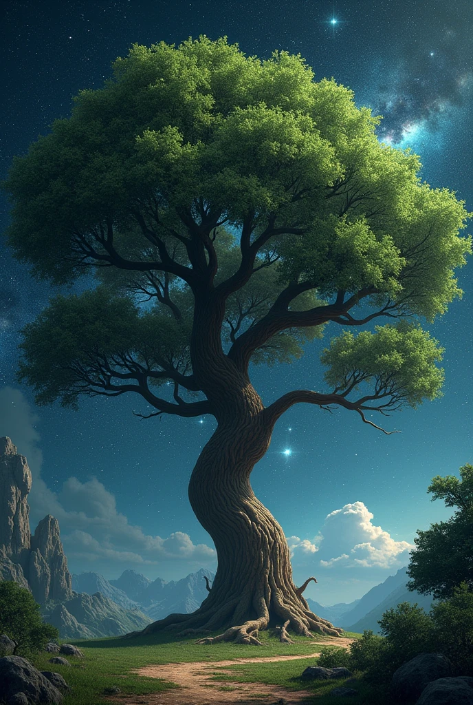 Tree with long spreading branches on space sky background