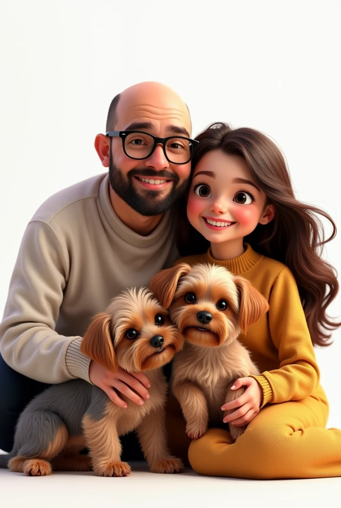 A chubby man with a dark beard, long hair and black glasses with a chubby woman with braces and glasses with shoulder-length hair, a chubby girl with long hair and a mole near her mouth ,A thin girl with hair below her shoulders, one with hair above the shoulder and with bangs, a small dog with curly hair of the Yorkshire breed and another dog of the Yorkshire breed in yellow color.
