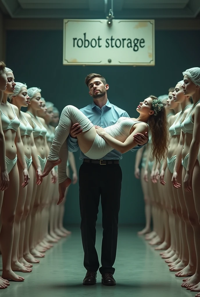 in a warehouse, A man is standing on the ground, carrying and lifting in his arms a beautiful young adult European brown hair woman in sexy sleeping maid outfit , Her body is wrapped in plastic and she has a gift bow on her head., The woman's body is stretched out and is on the ground, Full body view, Behind them are several rows of beautiful women with different hairstyles in sexy lingerie standing in a row with their eyes closed covered with plastic covers, There is a sign hanging that says "ROBOT STORAGE", Excellent lighting, hyperrealistic quality image, high resolution