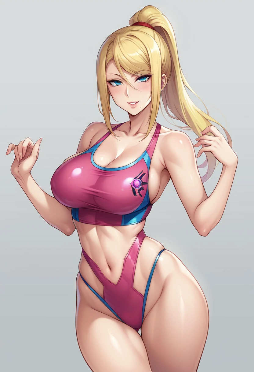 score_9, score_8_up, score_7_up, score_6_up, BREAK source_anime, score_5_up, score_4_up, by aoi nagisa \(metalder\), 1girl, samus aran, blonde hair, blue eyes, pink swimsuit, skindentation, happy, big breasts, hair bun, naughty face, seductive smile, solo, standing, thighs, wide hips, simple background, grey background, sexy, erotic, uncensored, nsfw