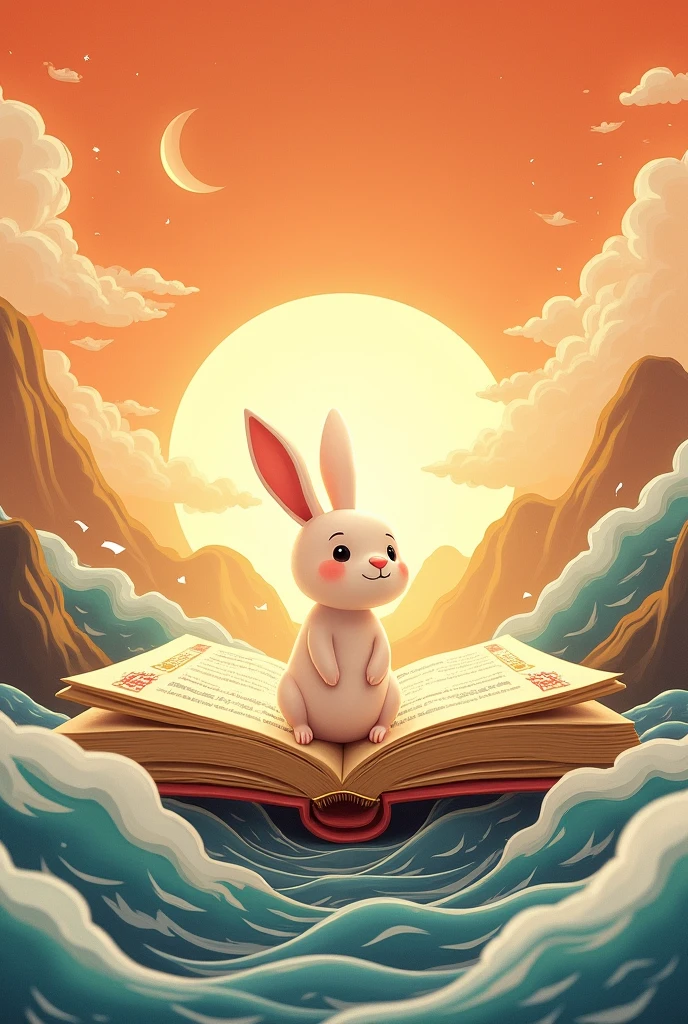 A golden background scroll, in a cartoon style, depicts a cute rabbit standing on an ancient book, with waves and ripples flowing out of the book, creating the effect of Chinese landscape painting. Golden clouds and moon in the sky, waves swirling around the edges of the book, Chinese elements adorn the pages, with golden tones and warm lighting effects. The background is an orange sky and golden mountains, in a cartoon illustration style, with warm and bright overall tones, high resolution, and delicate details. The entire scene combines ancient Chinese elements with fantasy, creating a whimsical atmosphere. It was created using digital painting techniques in the style of ancient Chinese artists, with a scale of 1:2