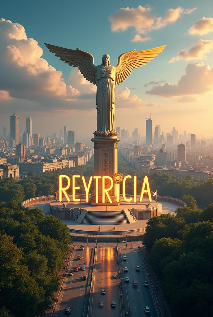 Create a landscape of a city with the angel of independence with letters that say the words reytricia