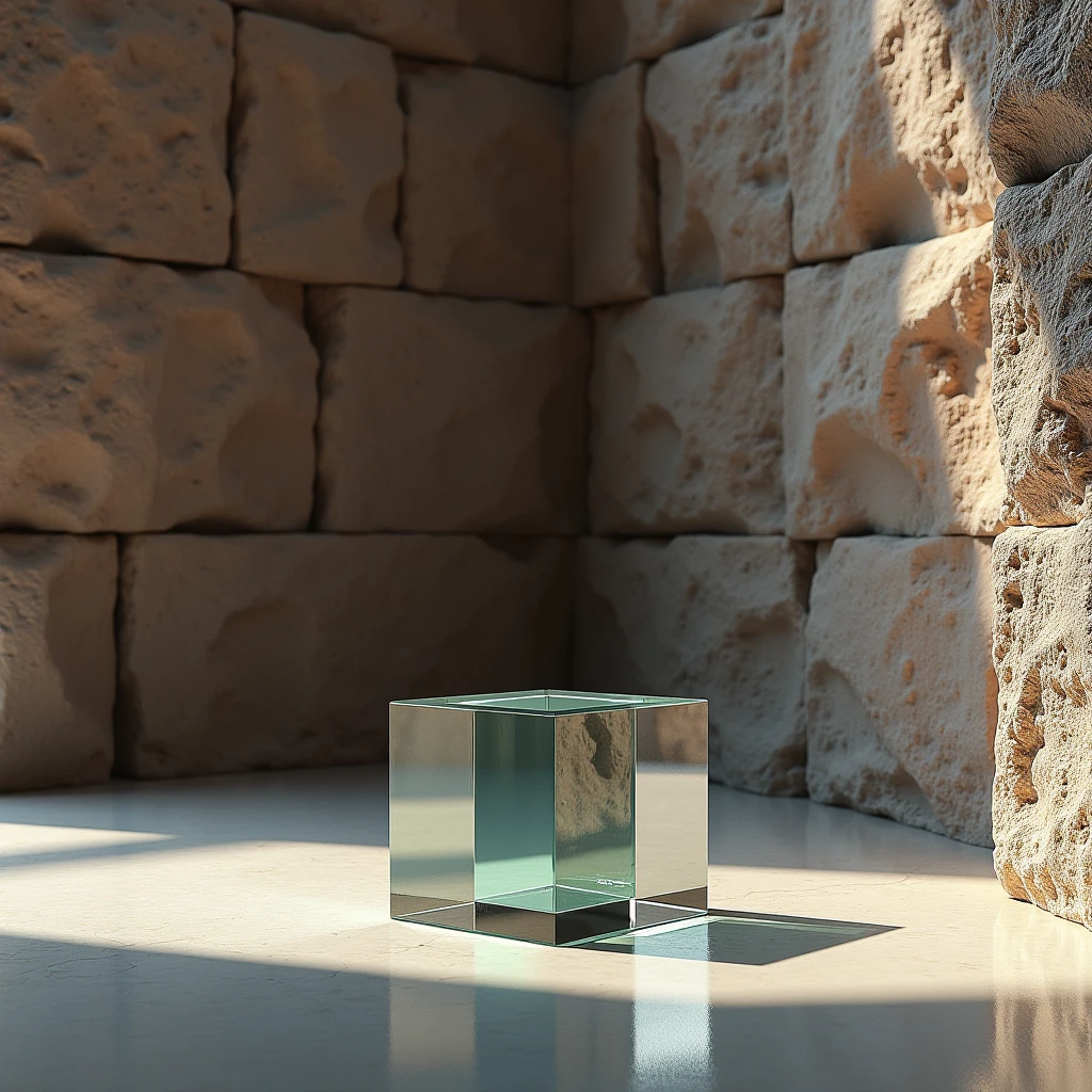 "Generates an image showing a brick stone textured background wall, everything looking straight ahead, highlighting the irregular and natural details of the stone, mostly cracks. The floor must be smooth and uniform., contrasting with the texture of the wall. on the floor, place a simple glass cube, transparent and geometrically precise, that reflects light subtly and shows the details of the environment through its faces."
