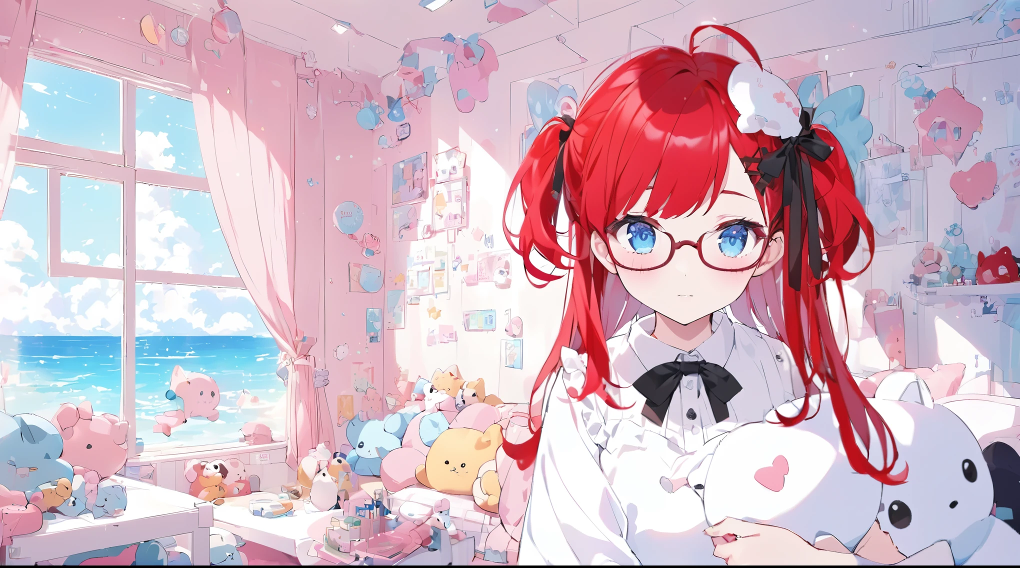 “A vibrant, anime-style VTuber with long, bright red twin-tail hair and blue eyes, wearing glasses and a white blouse with black ribbon details. She is standing in a cute, pastel pink bedroom with plush toys, cloud-shaped decorations on the wall, and a sea view visible through large windows. The room is bathed in soft natural light, creating a cozy and inviting atmosphere. A live chat window is visible on the right side of the image, with cheerful messages from fans. A digital clock is displayed at the top, showing ‘08:08:53.’”