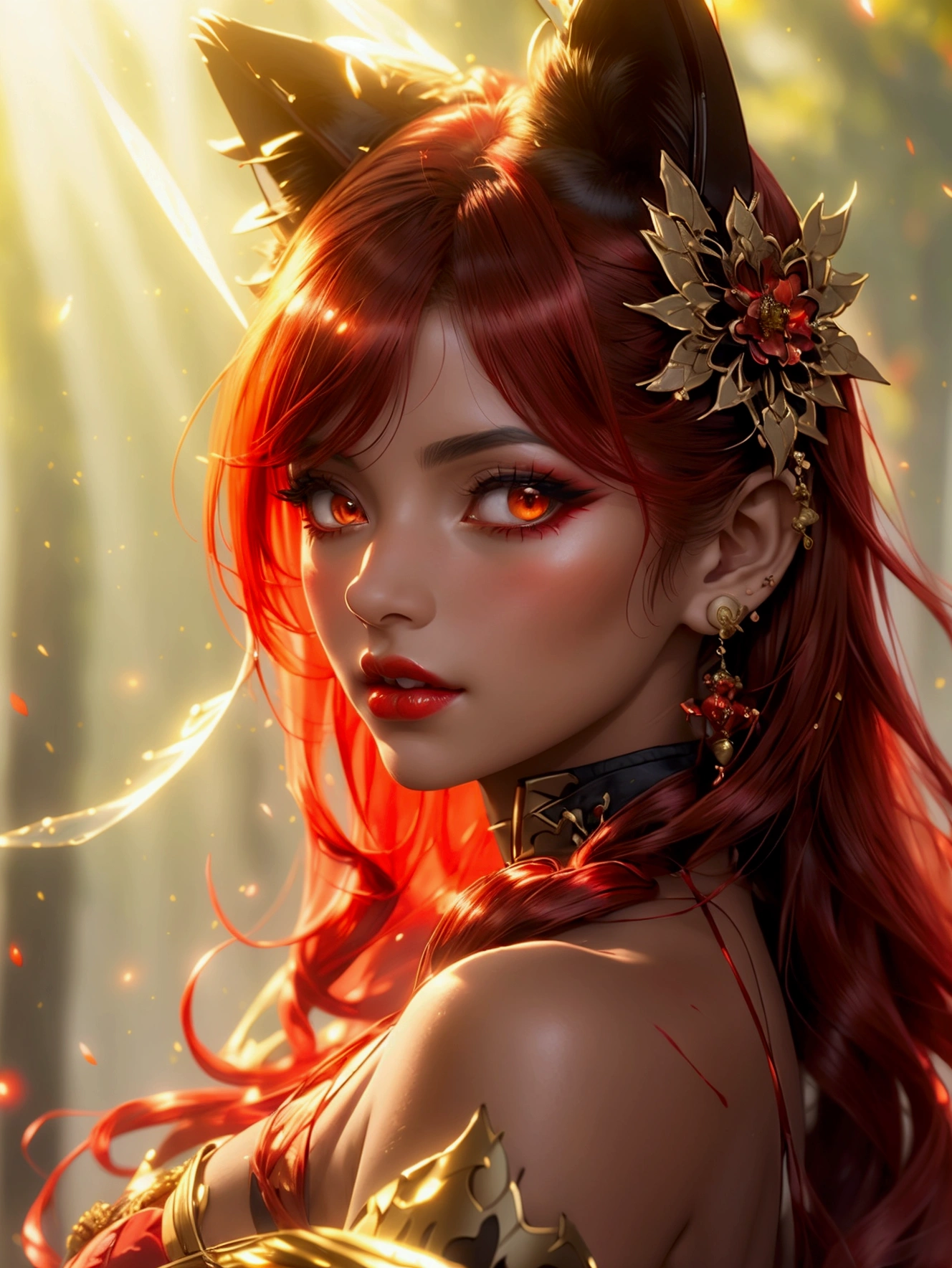 Beautiful scarlet wolf girl, Arnouveau style, fondness, scarlet Wolf ears, red hair is long, sunlight rays, airiness, grace, Floral ornament, хмурая, angry, chiffon, Silk, Correct eye proportions, Expressive yellow eyes, long eyelashes, plump wet lips, Texture skins for the face, A lot of air, higly detailed, Doubleexposure, 30 thousand..., hyper realisitc, Hi-Def, soft-lighting