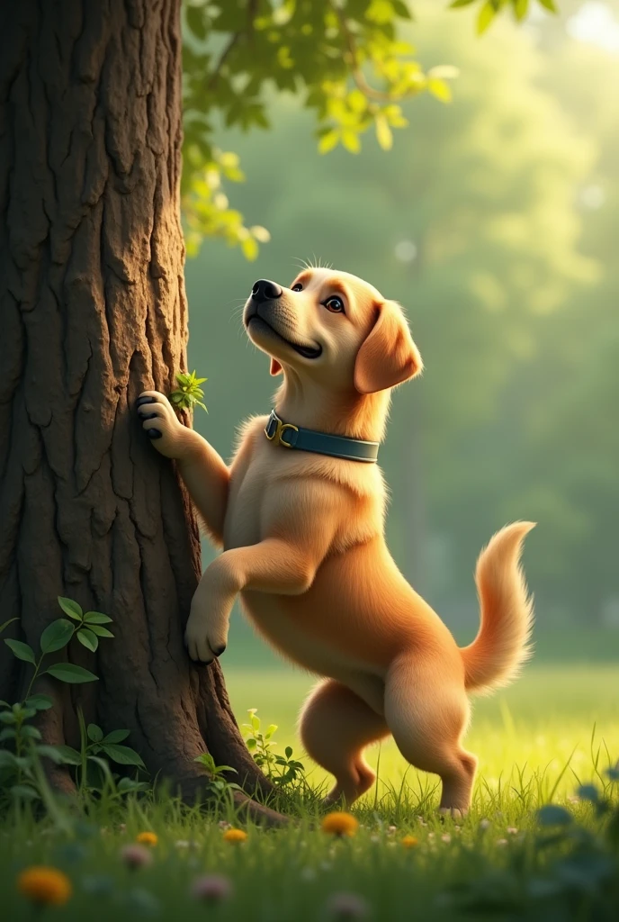 
A dog urinating on a tree



