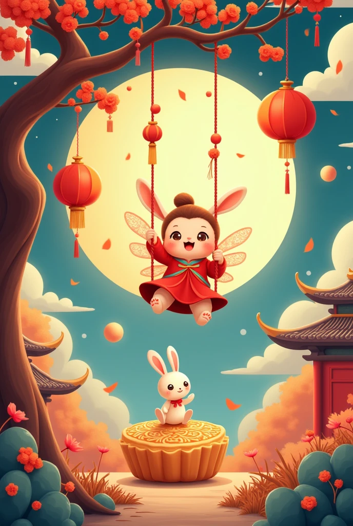 A chubby and cute little fairy, swinging under a osmanthus tree, with a round face, dressed in ancient Chinese clothing, and a little rabbit playing on a huge mooncake. Auspicious clouds, red lanterns, exquisite ancient Chinese architecture, with a huge moon in the background, with vector line illustrations, yellow and red and dark blue tones, abstract picture, surrealism, clear background trend, clear outline light, edge light, fantasy, dappled light,  flat illustration, hello kitty style,Disney style, 8k,