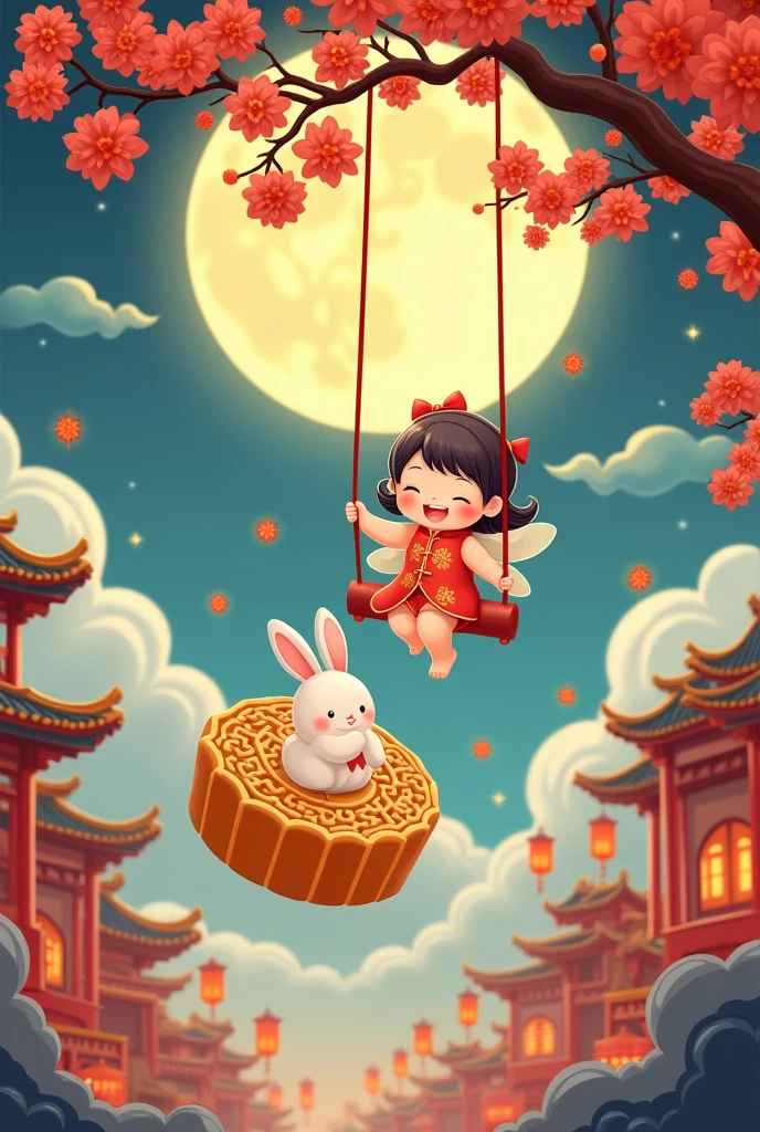 A chubby and cute little fairy, swinging under a osmanthus tree, with a round face, dressed in ancient Chinese clothing, and a little rabbit playing on a huge mooncake. Auspicious clouds, red lanterns, exquisite ancient Chinese architecture, with a huge moon in the background, with vector line illustrations, yellow and red and dark blue tones, abstract picture, surrealism, clear background trend, clear outline light, edge light, fantasy, dappled light, flat illustration, hello kitty style,Disney style, 8k,