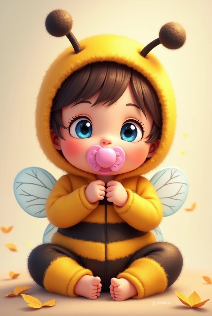 Baby dressed as a bee sitting with a pink pacifier, blue eyes, light brown hair
