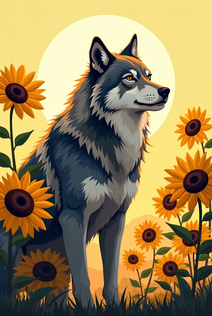Wolf and sunflower vector style