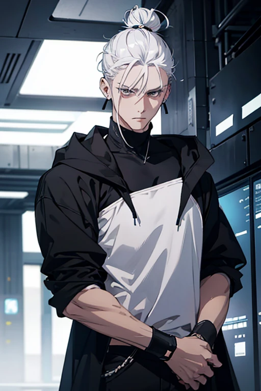 Anime man gradient young white hair short shaved sides flip hair bun to left side in middle serious face with black earrings black sweatshirt speed jeans futuristic clothes black dark circles big black hair big brown hair extremely futuristic clothes futuristic clothes skinny sweatshirt black jeans male cloak that covers the shoulders